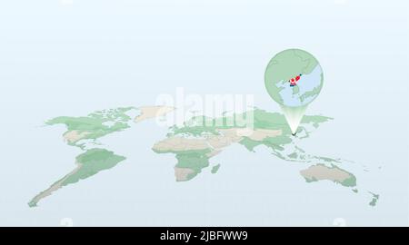 Carte du monde en perspective montrant l'emplacement du pays Corée du Nord avec une carte détaillée avec le drapeau de la Corée du Nord. Illustration vectorielle. Illustration de Vecteur