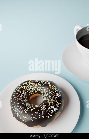 Beignet de chocolat sur une assiette, vue rapprochée avec faible profondeur de champ, rendu 3D. Illustration photoréaliste d'un savoureux beignet et café, lumière bl Banque D'Images