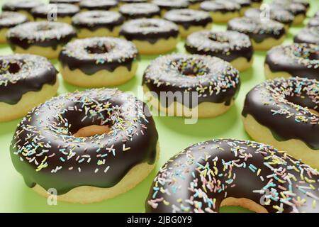 Beignets au chocolat sur fond vert lime, gros plan, 3D motifs rendus. Arrière-plan alimentaire, illustration des beignets avec une faible profondeur de champ Banque D'Images