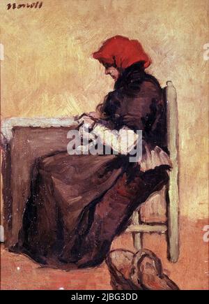 NONELL , ISIDRO. PINTOR ESPAÑOL . BARCELONE 1872 - 1911. GITANA SENTADA EN UNA SILLA TEJIENDO. Banque D'Images