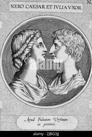 NERON. LUCIUS DOMITIUS NERO CLAUDIUS. EMPERADOR ROMANO . 37 - 68 AC. GRABADO RETRATO JUNTO A SU ESPOSA JULIA. BIBLIOTECA NACIONAL . MADRID. Banque D'Images