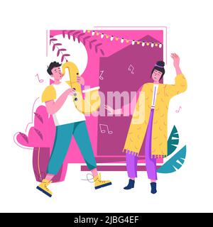 Illustrations vectorielles de fête musicale de la cour. Homme jouant le saxophone, femme dansant à l'extérieur. Dessin animé plat jeunes amis, l'adolescence ont plaisir et de loisirs à l'arrière-cour barbecue grill pique-nique poster.. Illustration de Vecteur