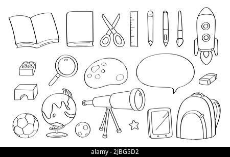 Adorables icônes et objets de dessin animé d'éducation de doodle. Illustration de Vecteur