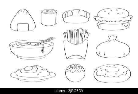Des icônes et des objets de dessin animé de la nourriture de Doodle mignonne. Illustration de Vecteur