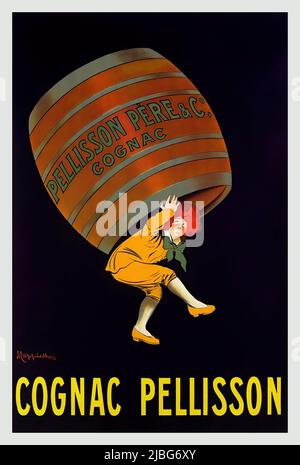Un tournant du 20th siècle affiche publicitaire par Leonetto Cappiello (1875-1942) pour Cognac Pellisson, une affiche de liqueur française avec le fût surdimensionné de Cognac porté par une figure. Banque D'Images