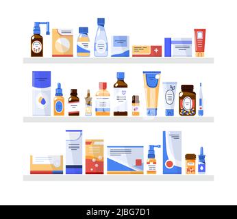 Différents produits de médecine dans le magasin de pharmacie sur trois étagères.Flat Vector Illustration de Vecteur