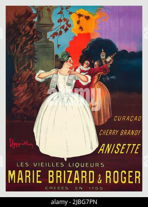 Un tournant du 20th siècle affiche publicitaire par Leonetto Cappiello (1875-1942), montrant trois Français tenant des bouteilles de liqueurs faites par Marie Brizard et Roger, y compris curaçao, anisette et brandy de cerise. Banque D'Images