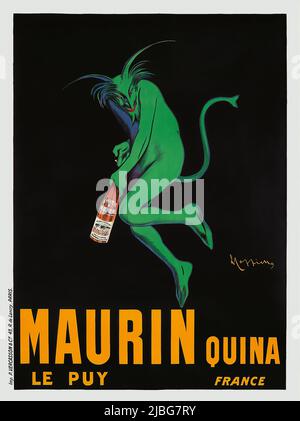 Un tournant du 20th siècle affiche publicitaire par Leonetto Cappiello (1875-1942), pour Maurin Quina, un apéritif français. L'image présente une figure diabolique qui dédègne une bouteille, un diable vert pour évoquer la fée verte, le surnom de l'absinthe, une boisson populaire pendant la Belle époque. Banque D'Images