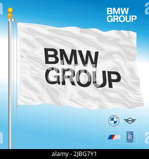 Drapeau du groupe industriel automobile BMW et des produits de marque, illustration Banque D'Images