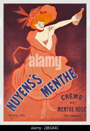 Un tournant du 20th siècle affiche publicitaire par Leonetto Cappiello (1875-1942), avec une femme buvant Nuyens crème de Menthe Rose, une liqueur à la menthe. Banque D'Images