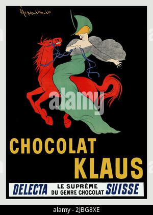 Un tournant du 20th siècle, affiche publicitaire suisse de Leonetto Cappiello (1875-1942), pour Chocolat Klaus dans lequel une femme dans une robe verte est assis à cheval rouge galopant. L'image est restée un logo pour la société suisse de chocolat pendant cinquante ans. Banque D'Images