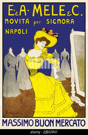 Un tournant du 20th siècle, affiche publicitaire italienne de Leonetto Cappiello (1875-1942), avec une femme essayant une nouvelle robe à E & A Mele, une boutique de vêtements pour femmes à Milan. Banque D'Images