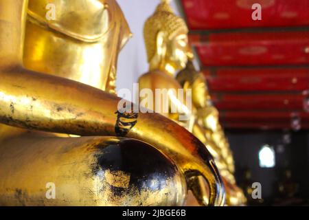 L'image de statues de Bouddha doré de taille moyenne, assis sur le palais dans le vieux temple de Bangkok, en Thaïlande Banque D'Images