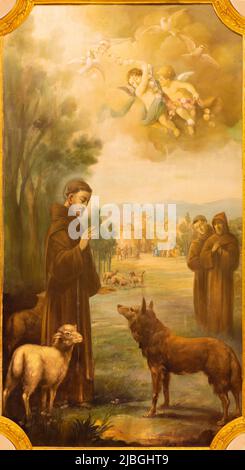 VALENCE, ESPAGNE - 17 FÉVRIER 2022 : la peinture de Saint François d'Assise prêchant aux animaux dans l'église Iglesia de San Lorenzo. Banque D'Images