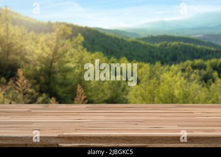 Photo en gros plan de forêt de pins flous et ciel ensoleillé sur l'arrière-plan et plan d'examen vide pour le montage et l'affichage des produits. Banque D'Images