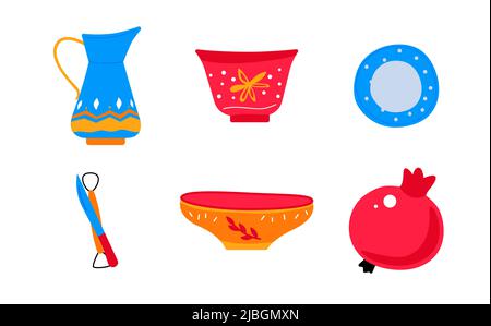 Poterie et vases - ensemble d'icônes de style plat. Des images haute qualité et colorées de la verseuse en faïence, une plaque du service après-vente, des outils pour travailler avec cla Illustration de Vecteur