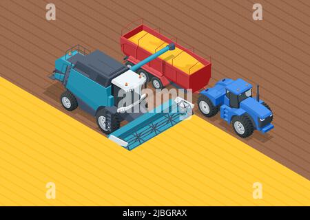 Moissonneuse-batteuse pour la récolte du grain. La moissonneuse-batteuse récolte du blé mûr. Concept d'agriculture. Le remappage, le battage, la récolte et le fauchage Illustration de Vecteur