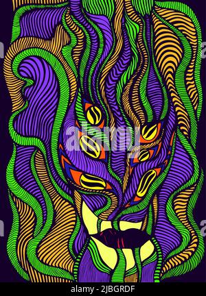 Visage surréaliste abstrait avec motifs vagues. Psychédélique coloré fantasy visage anthropomorphique. Illustration de Vecteur