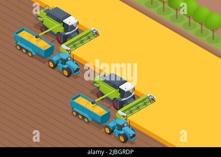 Moissonneuse-batteuse pour la récolte du grain. La moissonneuse-batteuse récolte du blé mûr. Concept d'agriculture. Le remappage, le battage, la récolte et le fauchage Illustration de Vecteur