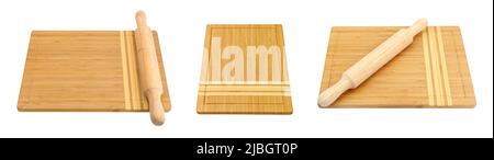Jeu de planches en bois pour couper le pain et le rouleau de broche isolé sur fond blanc. Banque D'Images