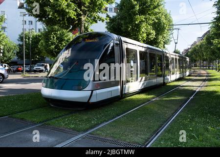 Le tramway électrique de la société de transports publics de Strasbourg (CTS) se déplace dans la rue, l'herbe pousse entre les rails Banque D'Images