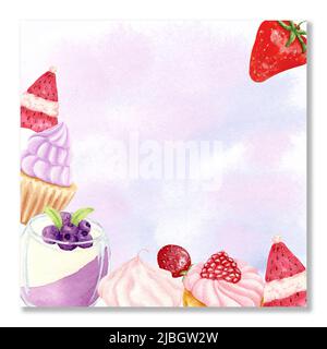 Carte d'aquarelle, affiche, invitation d'anniversaire. Vider le gabarit avec les fruits, les petits gâteaux et les muffins. Fraises, gelée dans un verre Banque D'Images