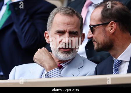 Paris, France. 5th juin 2022. Le roi Felipe VI d'Espagne et Haakon, prince héritier de Norvège, regardent la finale masculine au tournoi de tennis Grand Chelem ouvert en 2022 à Roland Garros, Paris, France. Frank Molter/Alamy Actualités en direct Banque D'Images