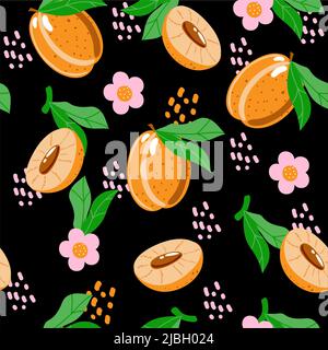 Motif de pêches sans couture, illustration vectorielle d'été dans un style de dessin animé. Taches abstraites. Pêches entières, moitiés de pêches, fleurs et feuilles. Lumineux Illustration de Vecteur