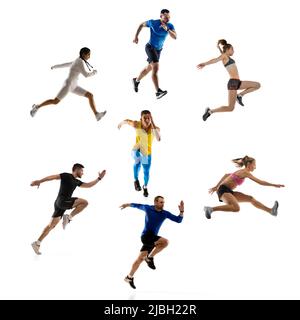 Collage de différents sportifs professionnels, ajustement des gens dans l'action et le mouvement isolé sur fond blanc. Concept de sport, réalisations, compétition Banque D'Images