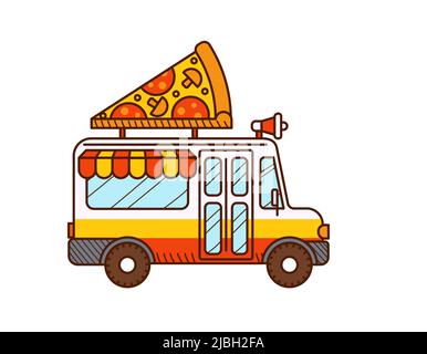 Icône de la camionnette à pizza. Cartoon food truck isolé blanc Illustration de Vecteur