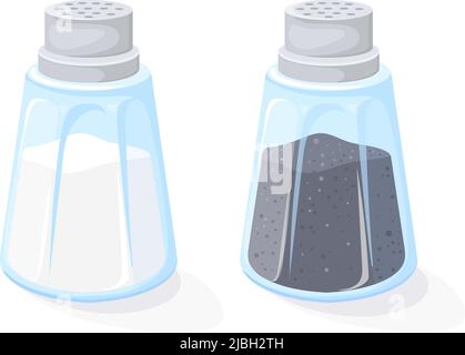 Salières à dessin animé. Saupoudreuse à condiments pour la cuisine, bouteille d'assaisonnement noir blanc épices poudre ingrédients alimentaires salière récipient de cuisine, illustration vectorielle soignée Illustration de Vecteur