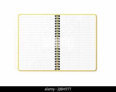 Carnet jaune ouvert avec spirale verticale. Feuilles pointillées vierges. Illustration vectorielle sur un arrière-plan blanc isolé. Maquette 3D réaliste. Illustration de Vecteur