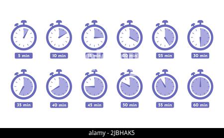 Minuteur horloge Chronomètre 5 minutes à 1 heures isolé ensemble icônes durée de cuisson des étiquettes illustration vectorielle durée de cuisson des étiquettes mesure temps de cuisson et plus encore Illustration de Vecteur
