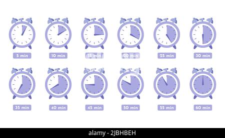Minuteur horloge Chronomètre 5 minutes à 1 heures icônes de jeu isolées durée de cuisson des étiquettes illustration vectorielle. Durée de mesure de l'étiquette. Temps de cuisson et plus encore Illustration de Vecteur