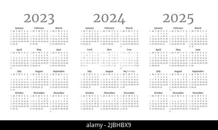 Ensemble de modèles de calendrier mensuel monochrome pour 2023, 2024, 2025 ans. La semaine commence le dimanche. Calendrier de mise en page dans un style minimaliste. T vertical Illustration de Vecteur