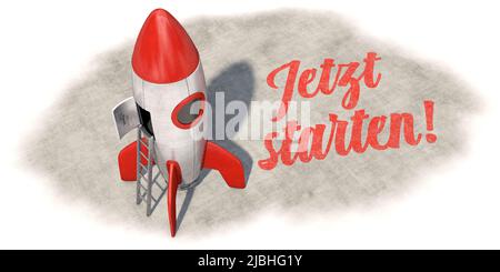 Roquette avec inscription au sol : commencez dès maintenant ! (Jetzt étoiles! En allemand) Banque D'Images