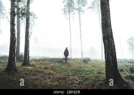 Une femme se tient dans une forêt humide et brumeuse. République tchèque, Suisse de Bohême Banque D'Images