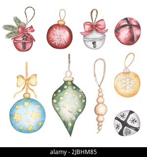 Aquarelle jouets d'arbre de Noël clip art, style vintage hiver décor, Noël boules illustration Banque D'Images