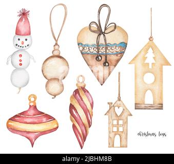 Aquarelle Noël jouets de Noël clip art, style vintage hiver décor, décoration de maison de noël en bois, joli motif bonhomme de neige Banque D'Images