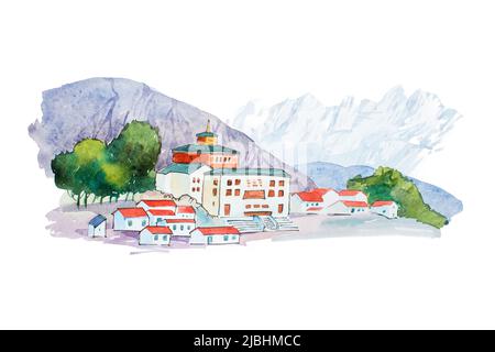 Petit village européen en montagnes aquarelle illustration Banque D'Images