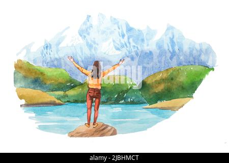 Femme regardant le paysage naturel dans les Alpes avec le lac et les sommets de montagne aquarelle illustration Banque D'Images