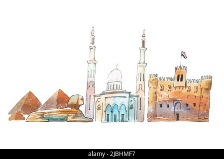 Le Caire Egypte Skyline célèbres monuments Voyage et tourisme waercolor illustration Banque D'Images