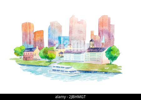 Aquarelle dessinant le paysage urbain avec des maisons et des bâtiments peints en aquarelle Banque D'Images