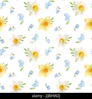 Motif floral avec jonquilles et oublis-me-nots, illustration aquarelle Banque D'Images