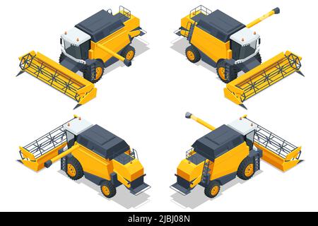 Moissonneuse-batteuse jaune isométrique isolée sur blanc. La moissonneuse-batteuse récolte du blé mûr. Concept d'agriculture. Le remappage, le battage, le rassemblement et Illustration de Vecteur