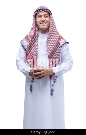 Homme arabe portant le keffiyeh debout isolé sur fond blanc Banque D'Images