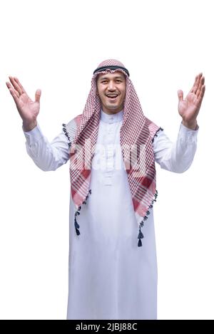 Homme arabe portant le keffiyeh debout isolé sur fond blanc Banque D'Images