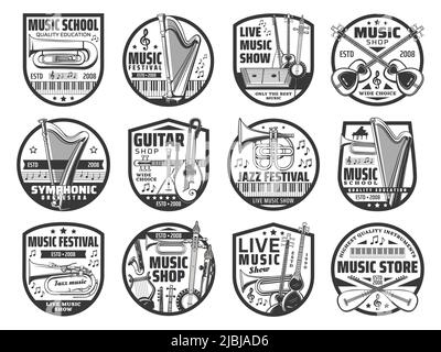 Icônes de magasin de musique, festival de jazz et emblème de spectacle d'orchestre. Euphonium à vecteur à ligne mince, harpe et goudron, cymbales, kamancheh et baglama ou saz, cornet, klapenhorn et lyre, saxophone, guitare à double col Illustration de Vecteur