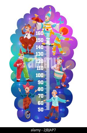 Tableau des hauteurs pour enfants avec clowns de cirque chapiteau. Jardin d'enfants hauteur graphique arrière-plan, enfants d'âge préscolaire vecteur croissance mesurer règle avec shapeito grand top cirque drôle clown personnages Illustration de Vecteur