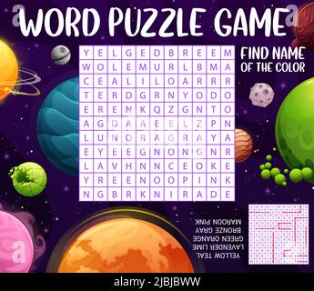 Feuille de calcul vectorielle de jeu de puzzle de recherche de mot d'étoiles et de planètes d'espace de dessin animé. Grille de quiz pour enfants, énigme ou labyrinthe, jeu d'apprentissage de la couleur sur fond d'étoiles avec des planètes et des astéroïdes de l'univers de galaxie extraterrestre Illustration de Vecteur